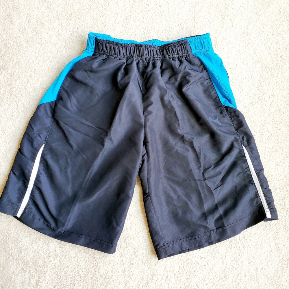 Puma Boys Black & Blue Athletic Shorts L Large Dry Cell Polyester Elastic Waist